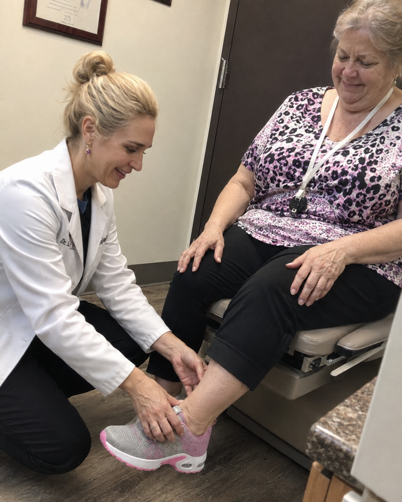 Patient testing Orthera shoes with doctor