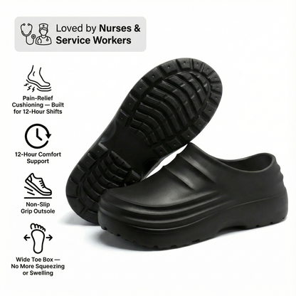 NursePro™ 12-Hour Shift Clogs – Built-In Arch Support for Plantar Fasciitis, Wide Toe Box, Non-Slip