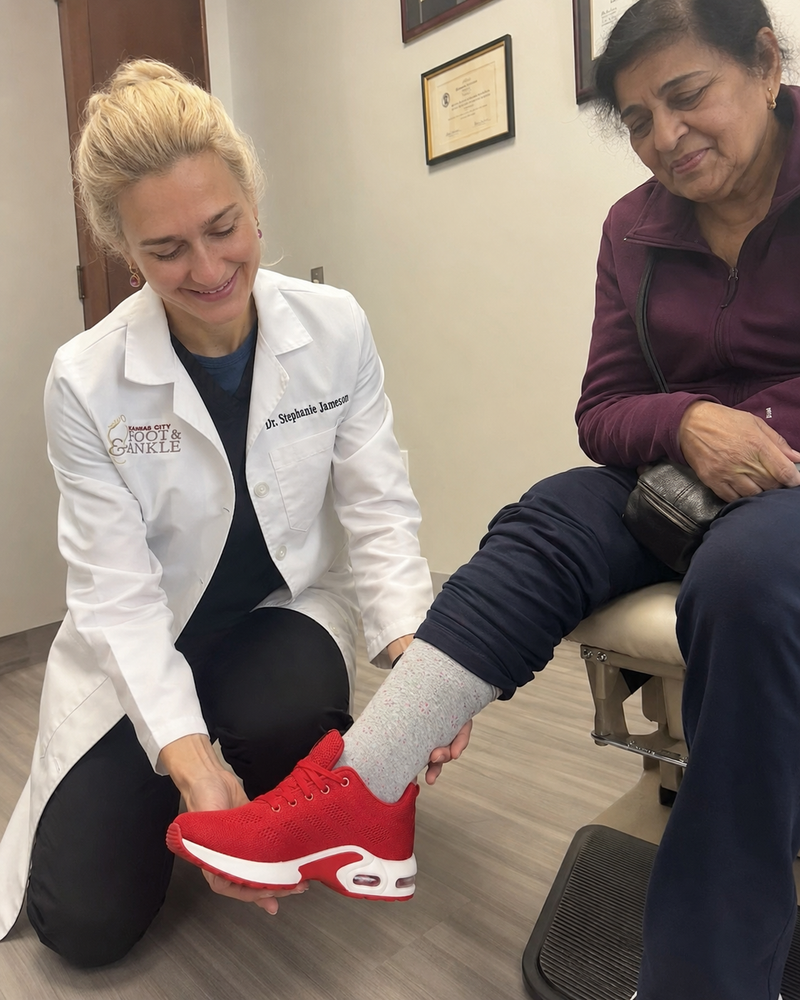 Patient testing Orthera shoes with doctor