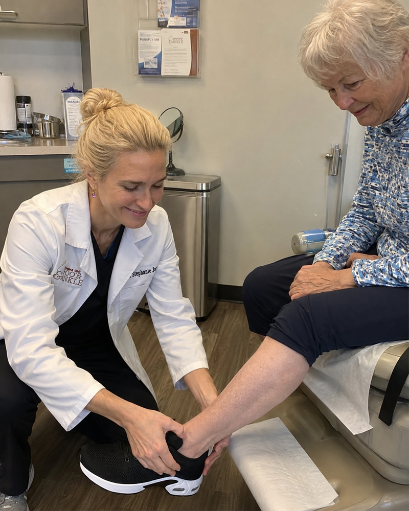 Patient testing Orthera shoes with doctor