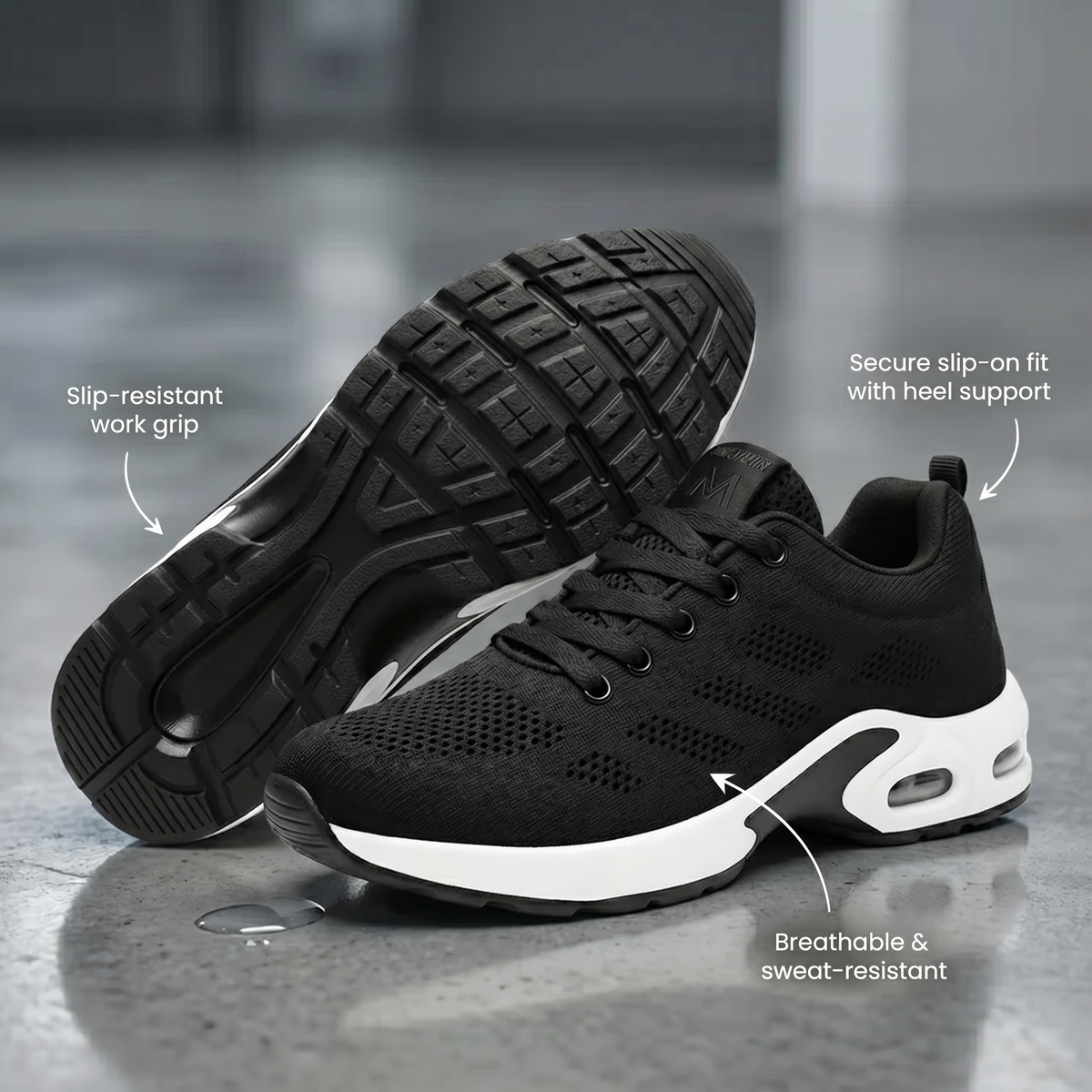 Slip-resistant work grip, heel support and breathable upper