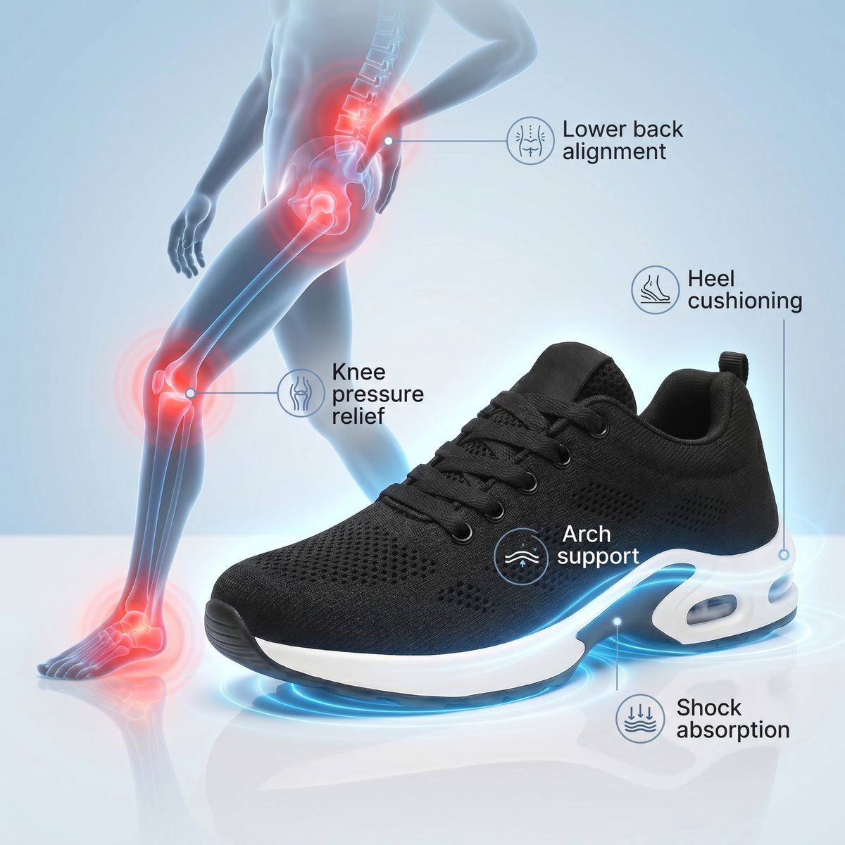 Heel cushioning, arch support and shock absorption design