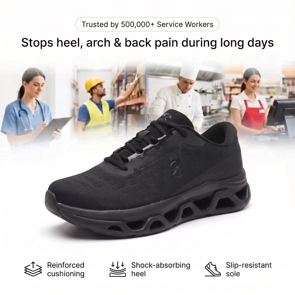 Orthora™ Fly — 12-Hour Shift Shoes for All-Day Foot, Knee & Back Pain Relief (Black)