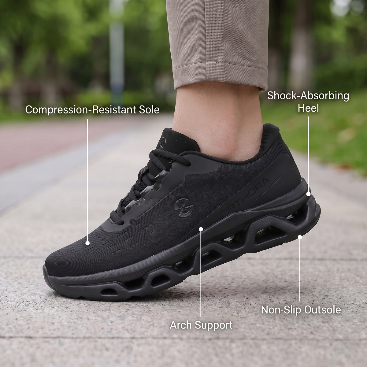 Orthora™ Fly — 12-Hour Shift Shoes for All-Day Foot, Knee & Back Pain Relief (Black)