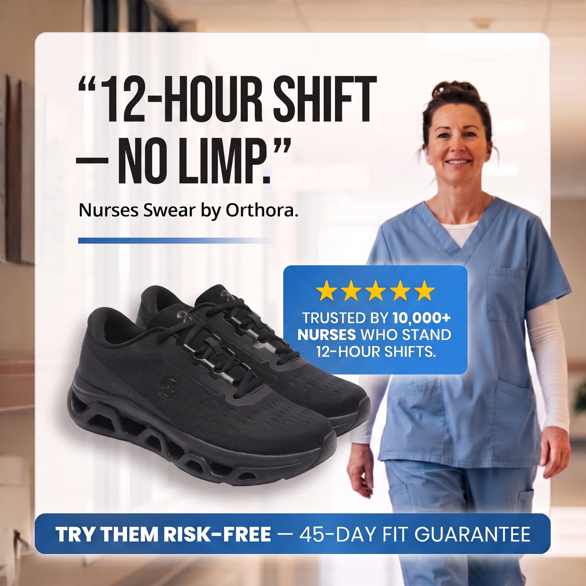 Orthora™ Fly — 12-Hour Shift Shoes for All-Day Foot, Knee & Back Pain Relief (Black)